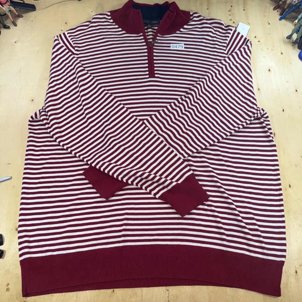 Brooks Brothers Mens XXL Supima Cotton Striped 1/4 Zip Sweater Burgundy